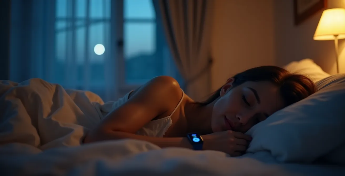 Camera da letto italiana moderna con smart band sul comodino e termostato intelligente a parete, atmosfera notturna rilassante