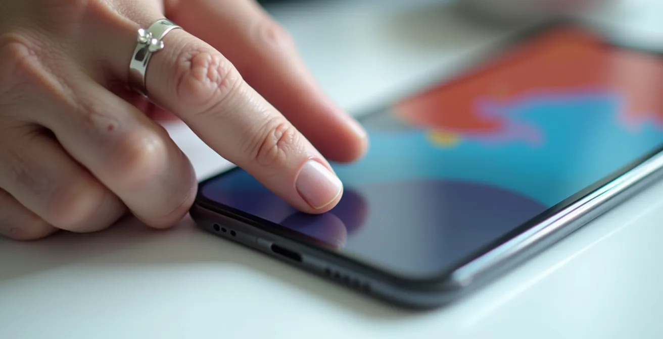 Vista macro di una mano anziana che tocca delicatamente lo schermo di uno smartphone con icone grandi e colorate