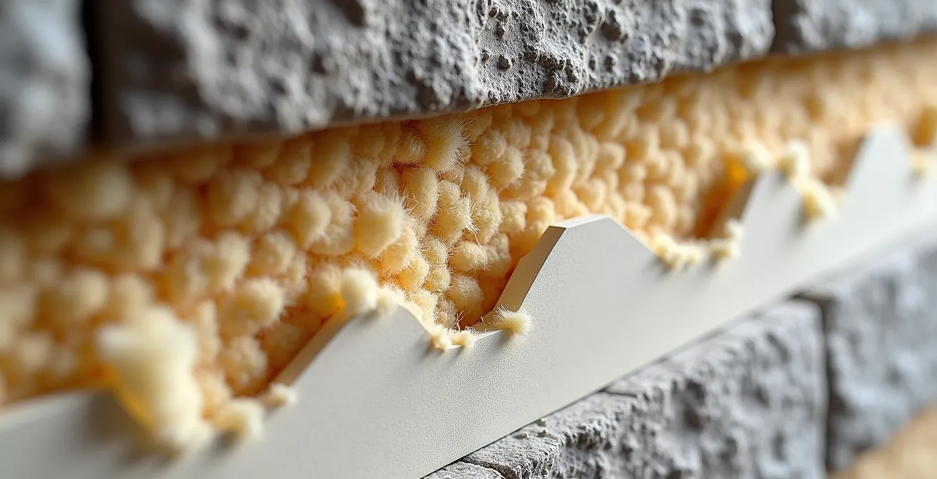 Sezione dettagliata di un muro in pietra con strati di isolamento naturale e intonaco a base calce