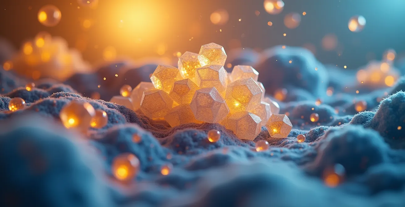 Rappresentazione macro di cellule metaboliche con glucosio e ormoni tiroidei in interazione