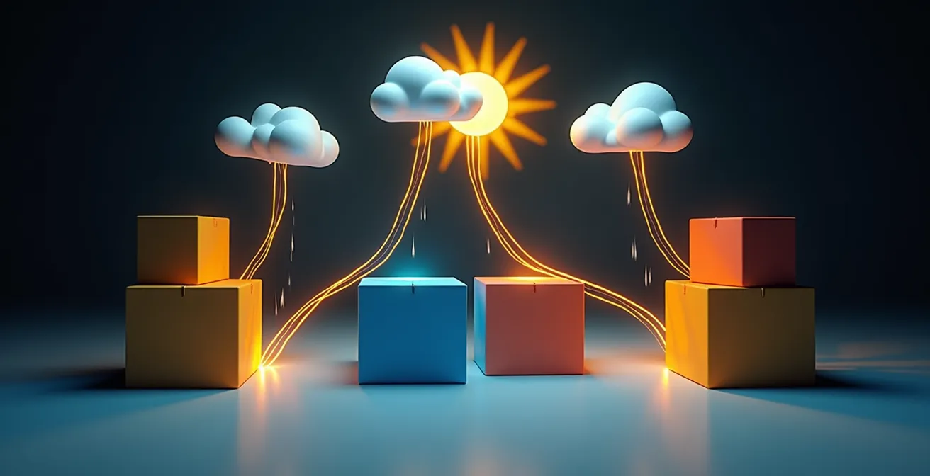 Dashboard con icone meteo collegate a sistema gestionale tramite flussi di dati