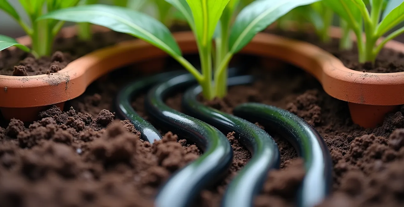 Sistema di tubi per irrigazione nascosti sotto il terriccio nei vasi del balcone