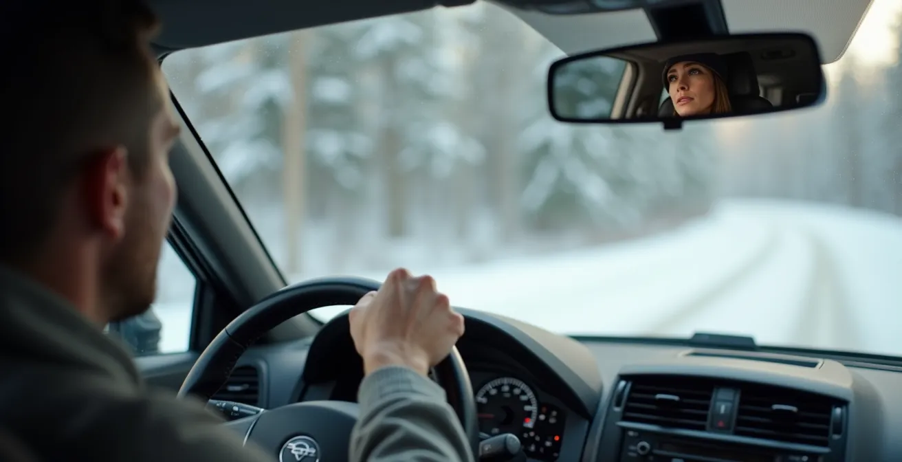 Auto elettrica in uscita di curva su strada innevata con controllo della trazione