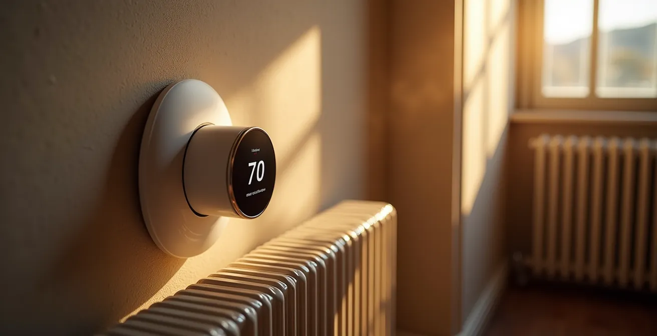 Valvola termostatica smart installata su radiatore con display digitale della temperatura