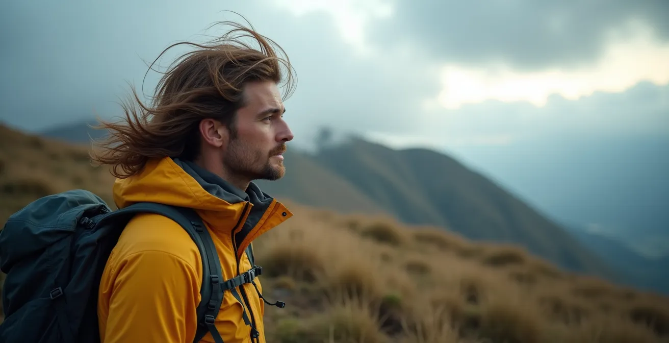 Escursionista con abbigliamento tecnico antivento su crinale appenninico ventoso