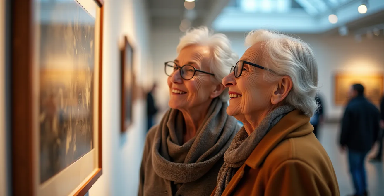 Coppia di visitatori senior ammira un'opera d'arte in un museo luminoso e accogliente