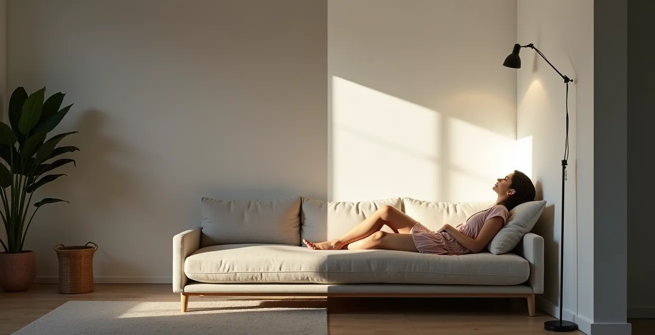 Soggiorno con faretti posizionati per illuminazione indiretta sulla parete