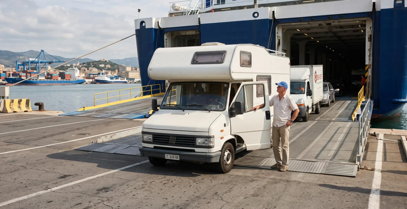 Un camper in coda alla rampa di imbarco di un traghetto in un porto italiano, con un uomo in piedi accanto al portiere aperto.