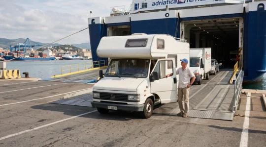 Un camper in coda alla rampa di imbarco di un traghetto in un porto italiano, con un uomo in piedi accanto al portiere aperto.