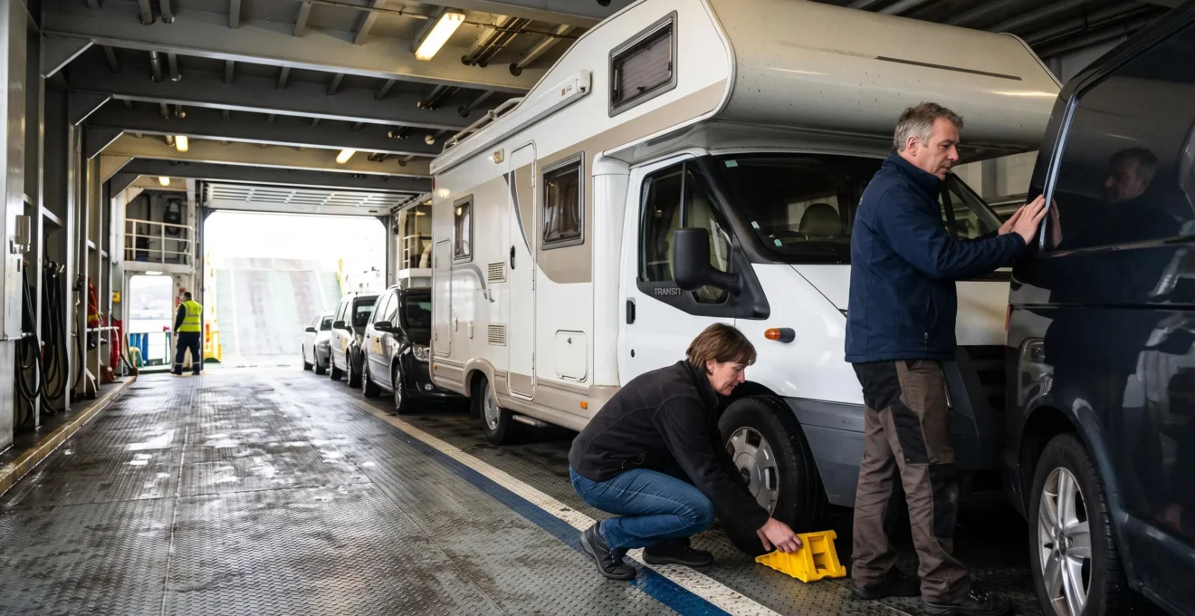 Una coppia posiziona un cuneo davanti alla ruota del proprio camper nel garage di coperta di un traghetto.